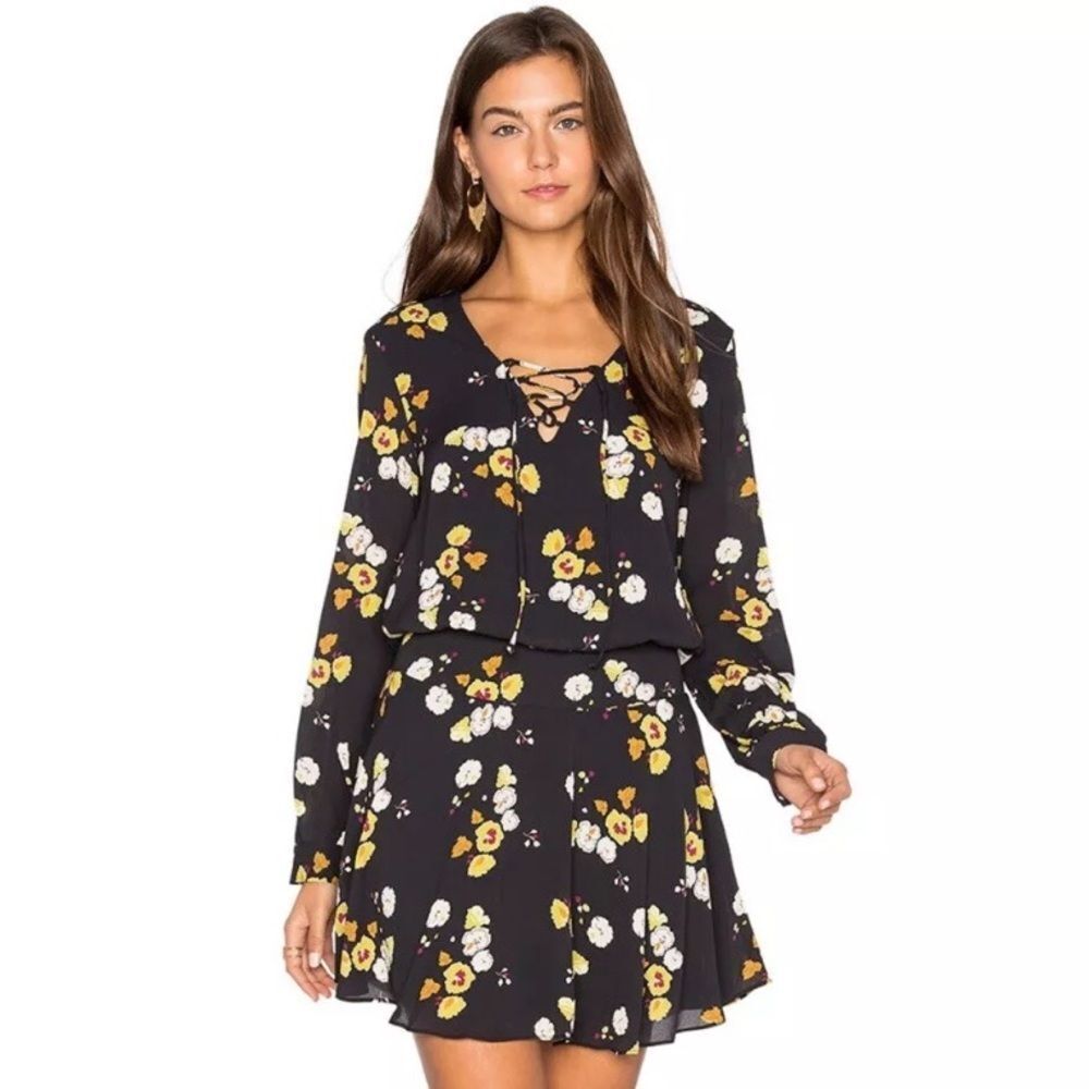 REVOLVE Krisa Lace-Up Mini Dress in Black with Yellow Florals. Size Medium. NWT!